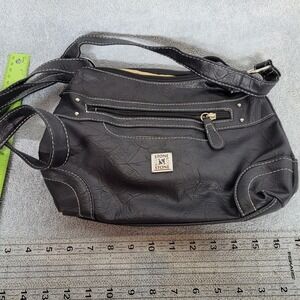 Stone & Co Black Faux Leather Crossbody Bag Contrast Stitching Multi-Pocket